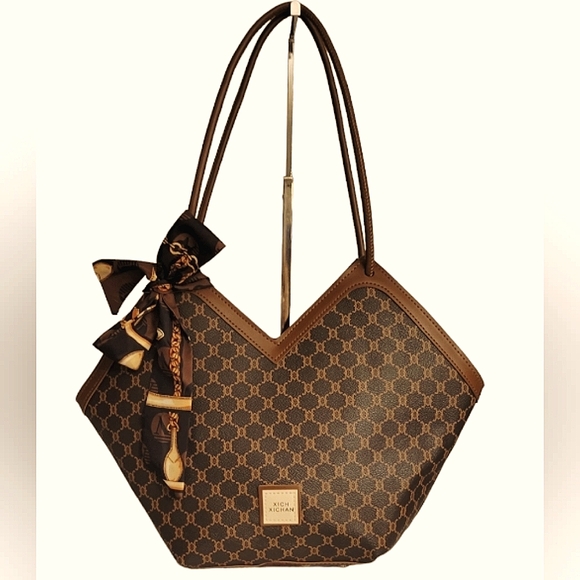 Beautiful & Chic Brown Vegan 2-way Med Size Shoulder Bag Tote w/Scarf NWT - Picture 2 of 9